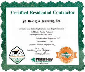 Certificate from Malarky Roofing Professionals - Certified Residential Contractor JC Roofing and Insulating